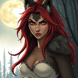 A detailed illustration of a werewolf woman with striking red hair and piercing brown eyes