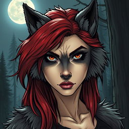 A detailed illustration of a werewolf woman with striking red hair and piercing brown eyes