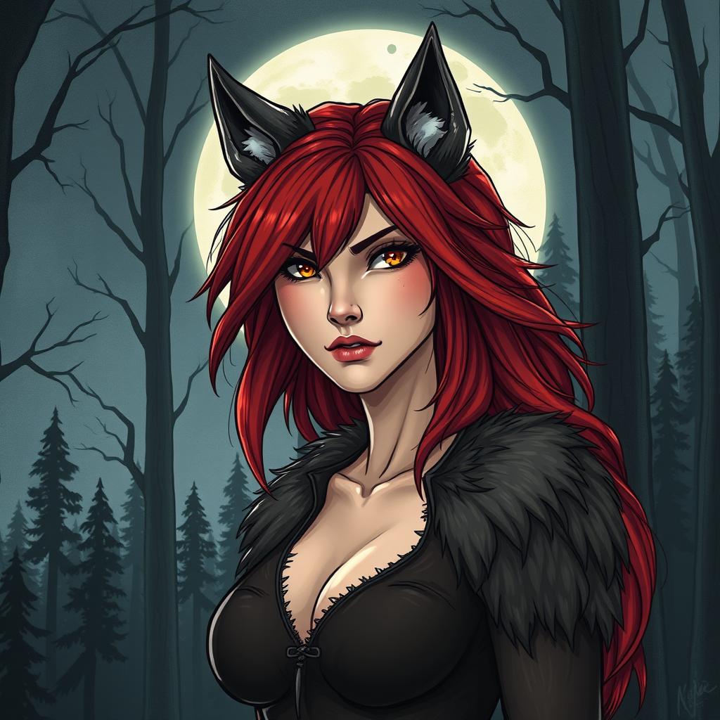 A detailed illustration of a werewolf woman with striking red hair and piercing brown eyes