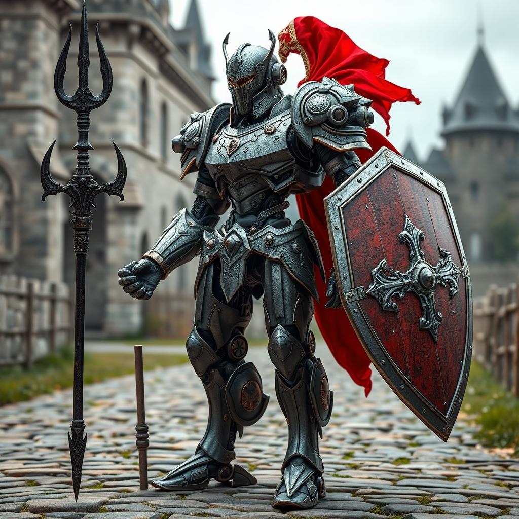 A medieval robot forged with a trident and shield, standing in a middle ages setting