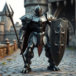 A medieval robot forged with a trident and shield, standing in a middle ages setting