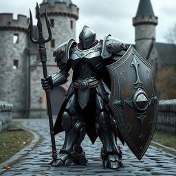 A medieval robot forged with a trident and shield, standing in a middle ages setting