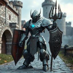 A medieval robot forged with a trident and shield, standing in a middle ages setting