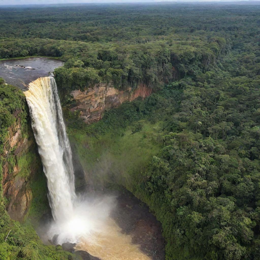 A picturesque backdrop showcasing the breathtaking natural beauty of Guyana, featuring lush rainforests, stunning waterfalls, and an exotic variety of wildlife.