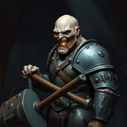 A bald flesh golem with an evil grin is covered with facial scars