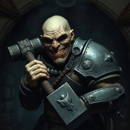 A bald flesh golem with an evil grin is covered with facial scars