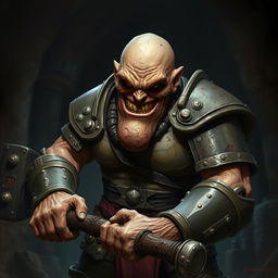 A bald flesh golem with an evil grin is covered with facial scars