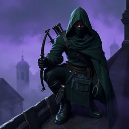 A rogue assassin, wearing a black ninja face mask and a green hooded cloak, is crouched on a medieval rooftop at night time