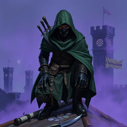 A rogue assassin, wearing a black ninja face mask and a green hooded cloak, is crouched on a medieval rooftop at night time