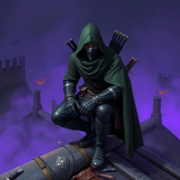 A rogue assassin, wearing a black ninja face mask and a green hooded cloak, is crouched on a medieval rooftop at night time