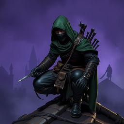 A rogue assassin, wearing a black ninja face mask and a green hooded cloak, is crouched on a medieval rooftop at night time