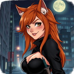 A detailed illustration of a werewolf woman with ginger hair, brown eyes, and a few freckles