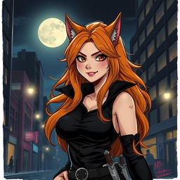 A detailed illustration of a werewolf woman with ginger hair, brown eyes, and a few freckles