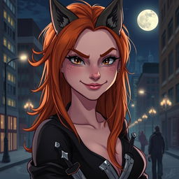 A detailed illustration of a werewolf woman with ginger hair, brown eyes, and a few freckles