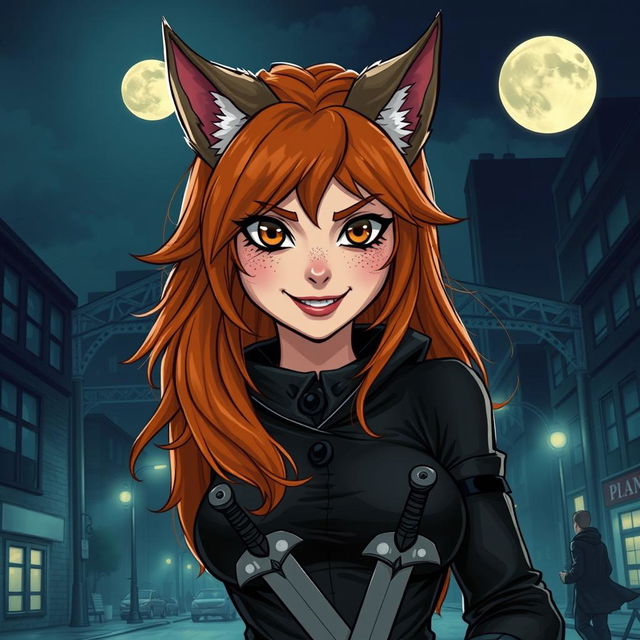 A detailed illustration of a werewolf woman with ginger hair, brown eyes, and a few freckles