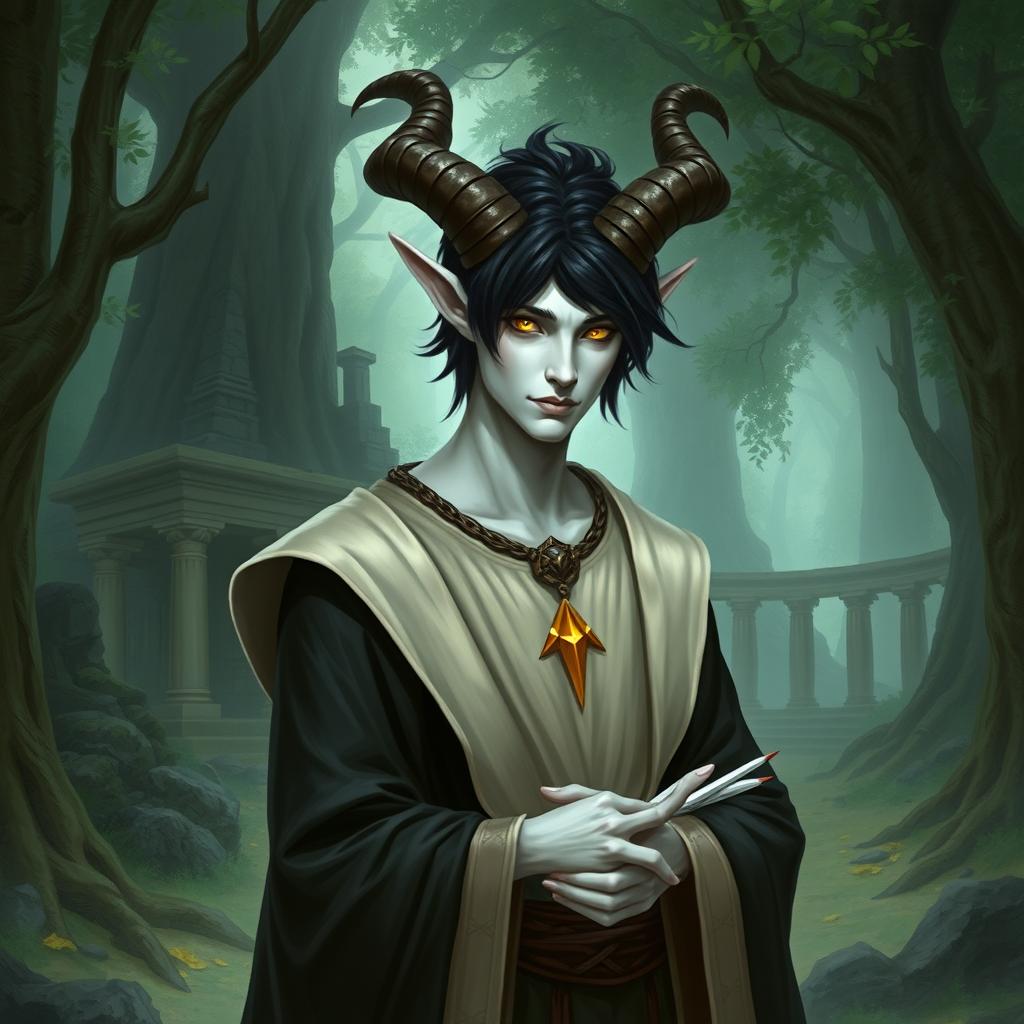 A satyr priest with black hair, yellow eyes, and white skin