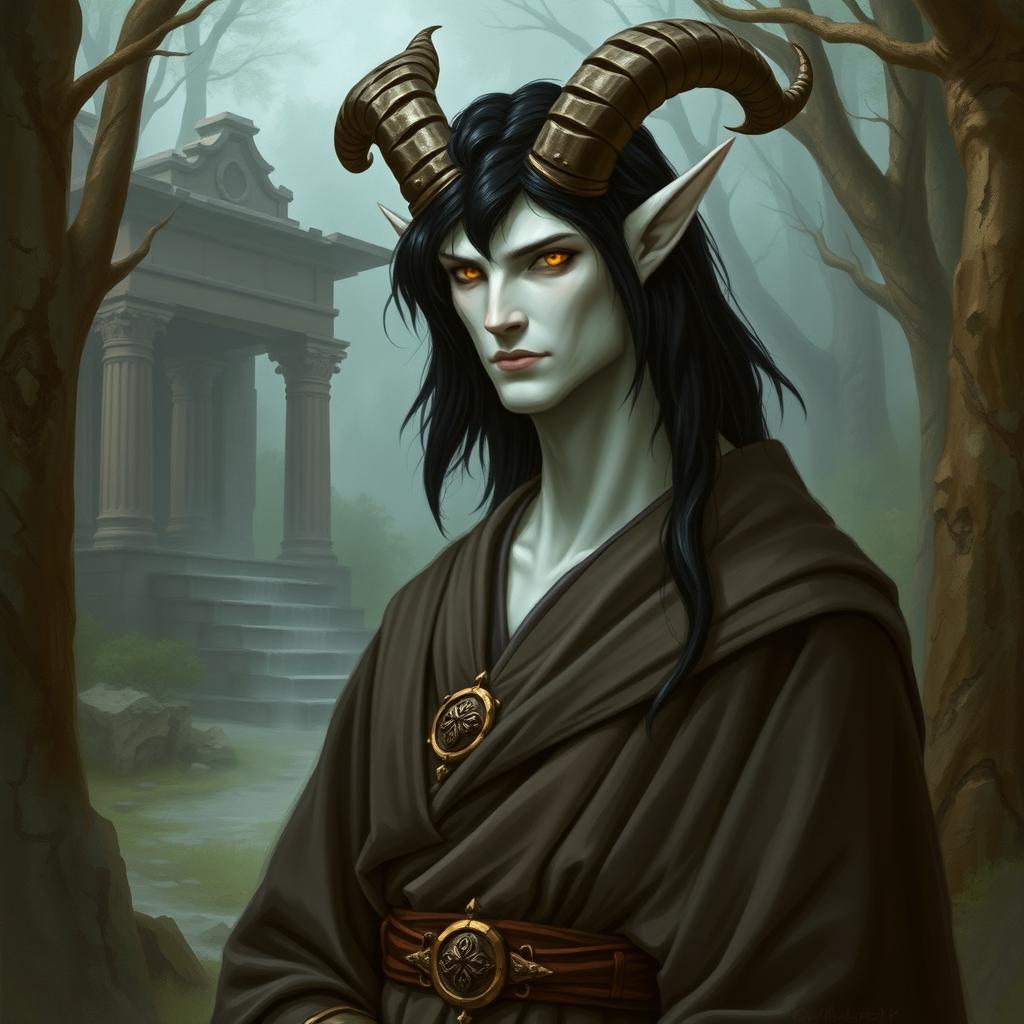 A satyr priest with black hair, yellow eyes, and white skin