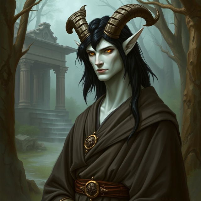 A satyr priest with black hair, yellow eyes, and white skin