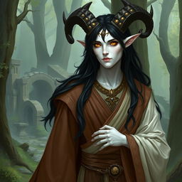 A satyr priest with black hair, yellow eyes, and white skin