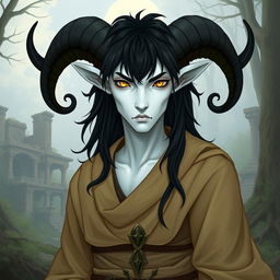 A satyr priest with black hair, yellow eyes, and white skin