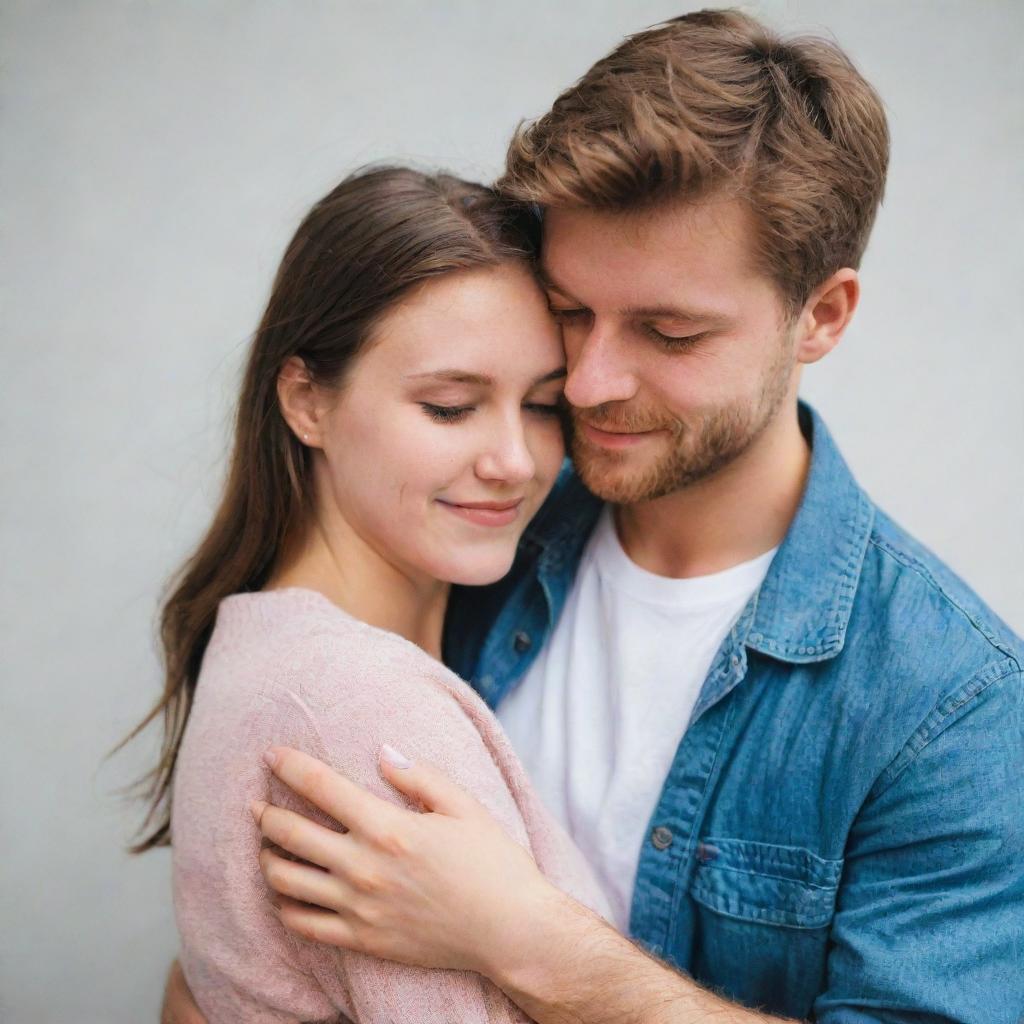 A romantic portrait of a boyfriend lovingly hugging his girlfriend