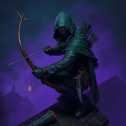 A rogue assassin, wearing a black ninja face mask and a green hooded cloak, is crouched on a medieval rooftop at night time