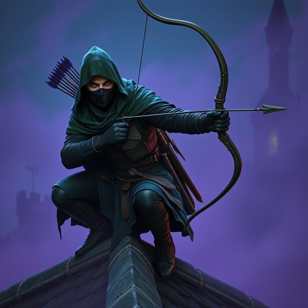 A rogue assassin, wearing a black ninja face mask and a green hooded cloak, is crouched on a medieval rooftop at night time