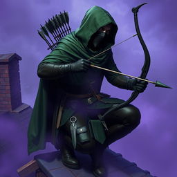 A rogue assassin, wearing a black ninja face mask and a green hooded cloak, is crouched on a medieval rooftop at night time