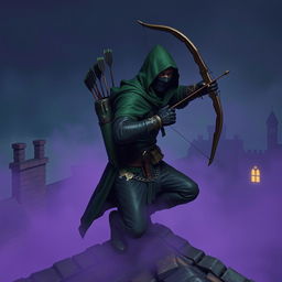 A rogue assassin, wearing a black ninja face mask and a green hooded cloak, is crouched on a medieval rooftop at night time