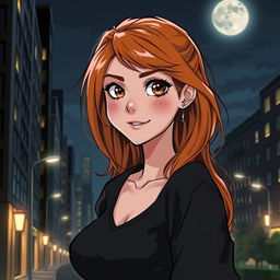 A detailed illustration of a young woman with ginger hair, brown eyes, and a few freckles