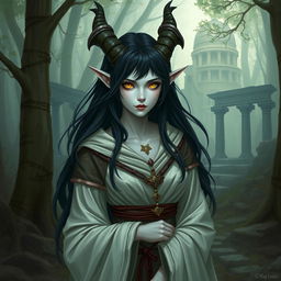 A female satyr priest with black hair, yellow eyes, and white skin