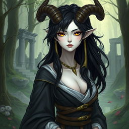 A female satyr priest with black hair, yellow eyes, and white skin