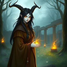 A female satyr priest with black hair, yellow eyes, and white skin