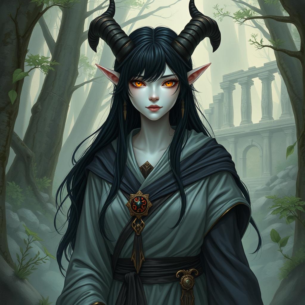 A female satyr priest with black hair, yellow eyes, and white skin