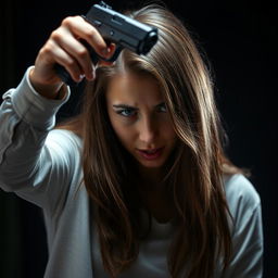 A young woman holding a gun and pointing it at her head