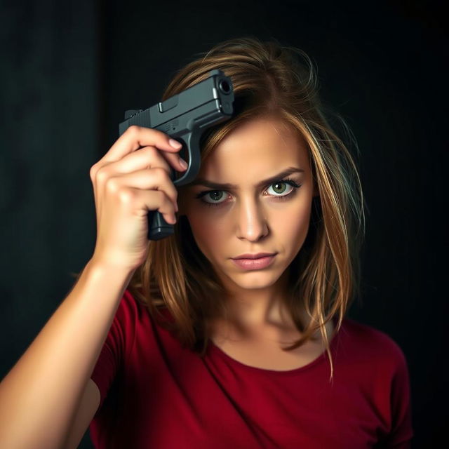 A young woman holding a gun and pointing it at her head