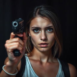 A young woman holding a gun and pointing it at her head