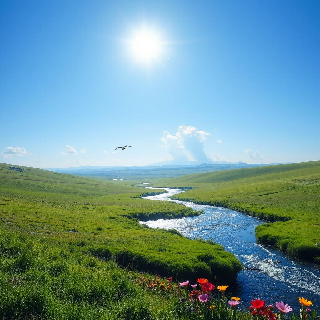 A serene landscape featuring a clear blue sky, lush green meadows, and a sparkling river flowing through the scene