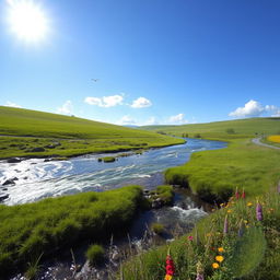 A serene landscape featuring a clear blue sky, lush green meadows, and a sparkling river flowing through the scene