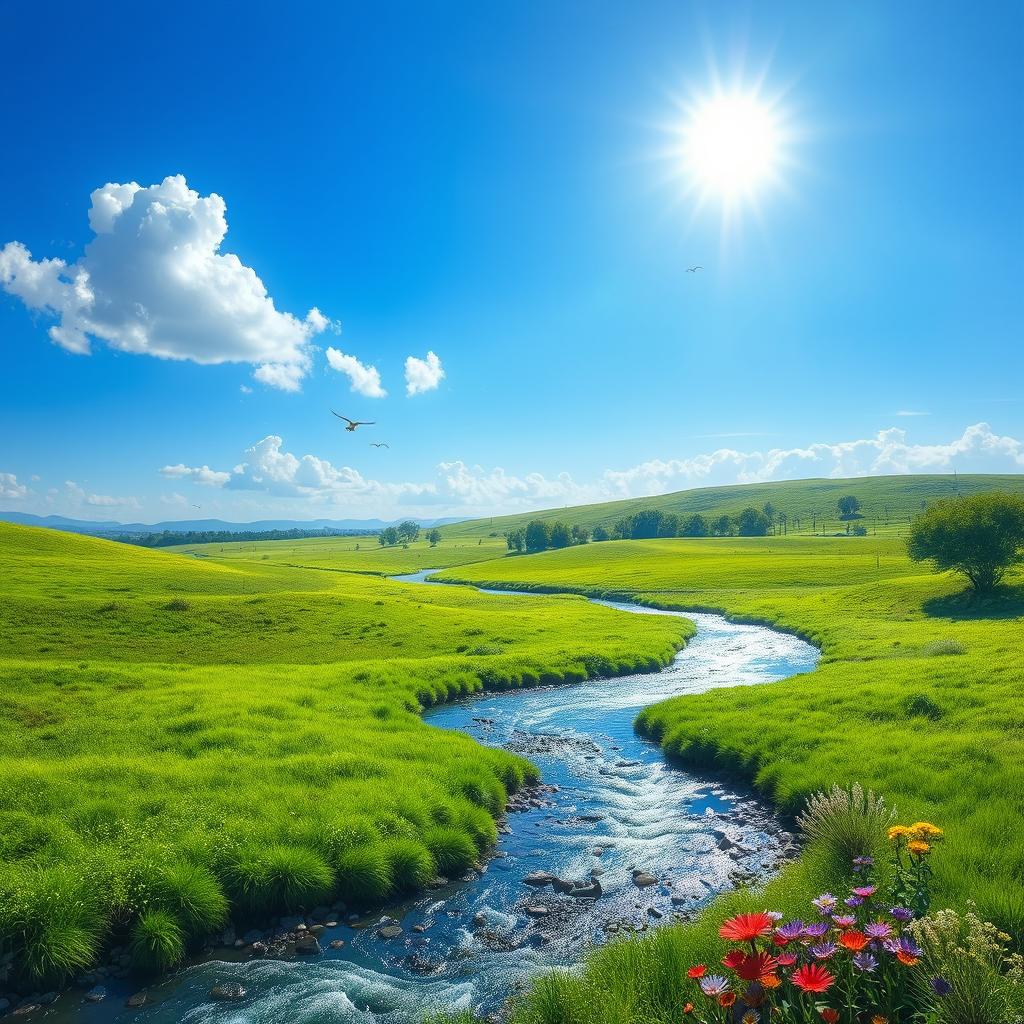 A serene landscape featuring a clear blue sky, lush green meadows, and a sparkling river flowing through the scene