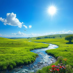 A serene landscape featuring a clear blue sky, lush green meadows, and a sparkling river flowing through the scene