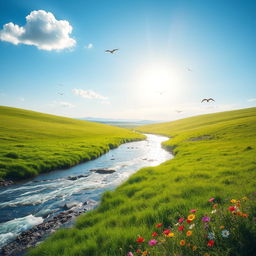 A serene landscape featuring a clear blue sky, lush green meadows, and a sparkling river flowing through the scene