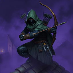 A rogue assassin, wearing a black ninja face mask and a green hooded cloak, crouched on a medieval rooftop at night