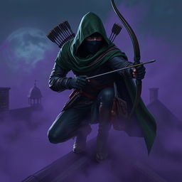 A rogue assassin, wearing a black ninja face mask and a green hooded cloak, crouched on a medieval rooftop at night