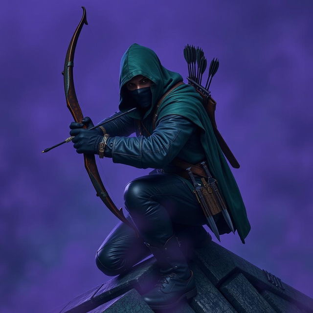 A rogue assassin, wearing a black ninja face mask and a green hooded cloak, crouched on a medieval rooftop at night