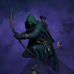 A rogue assassin, wearing a black ninja face mask and a green hooded cloak, crouched on a medieval rooftop at night