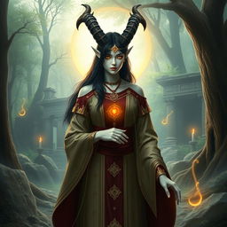 A holy female satyr priest with black hair, yellow eyes, and white skin