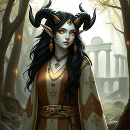 A holy female satyr priest with black hair, yellow eyes, and white skin