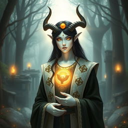 A holy female satyr priest with black hair, yellow eyes, and white skin