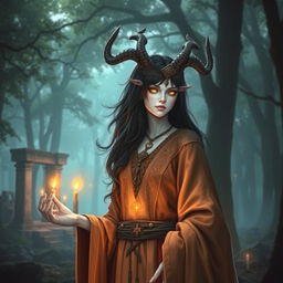 A holy female satyr priest with black hair, yellow eyes, and white skin